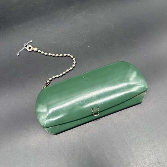 Other - Vintage Green Metal Eyeglass Case Chain Fob Glasses Holder Hard Shell Retro